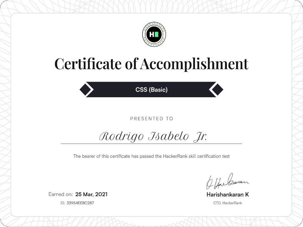 CSS Certificate certificate from HackerRank