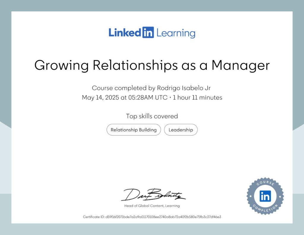Growing Relationships as a Manager certificate from LinkedIn Learning