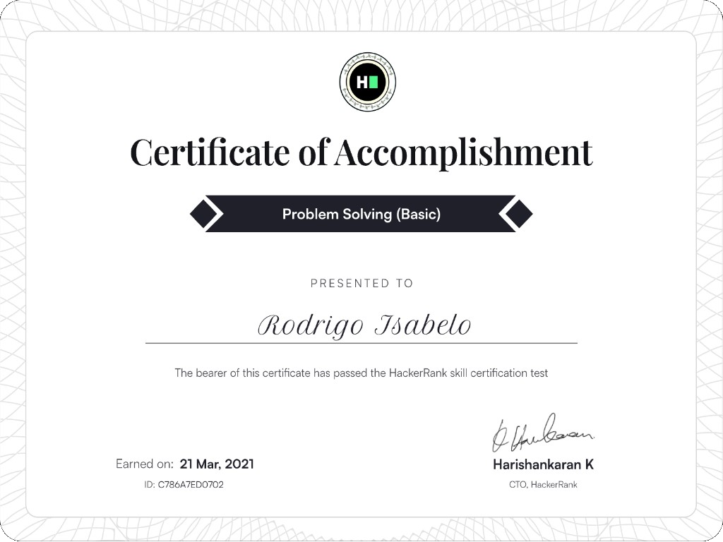 Problem Solving (Basic) certificate from HackerRank